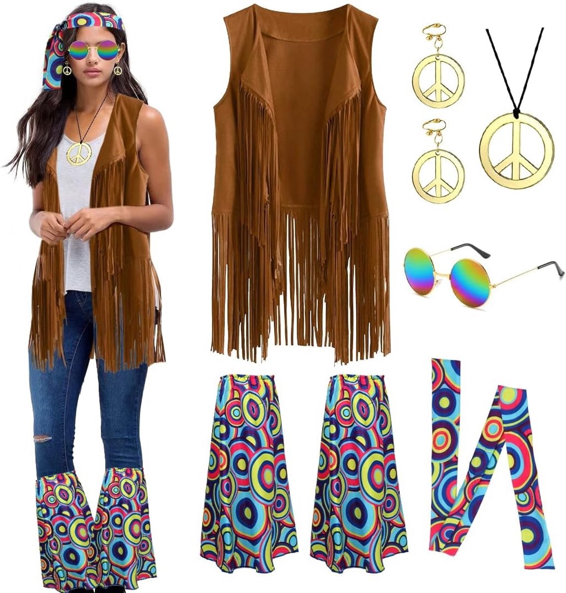 Hippie Kostuum voor Dames met Franje Cardigan, Ronde Bril, Kettingen, Oorbellen en Beenwarmers voor 60s en 70s Themafeesten