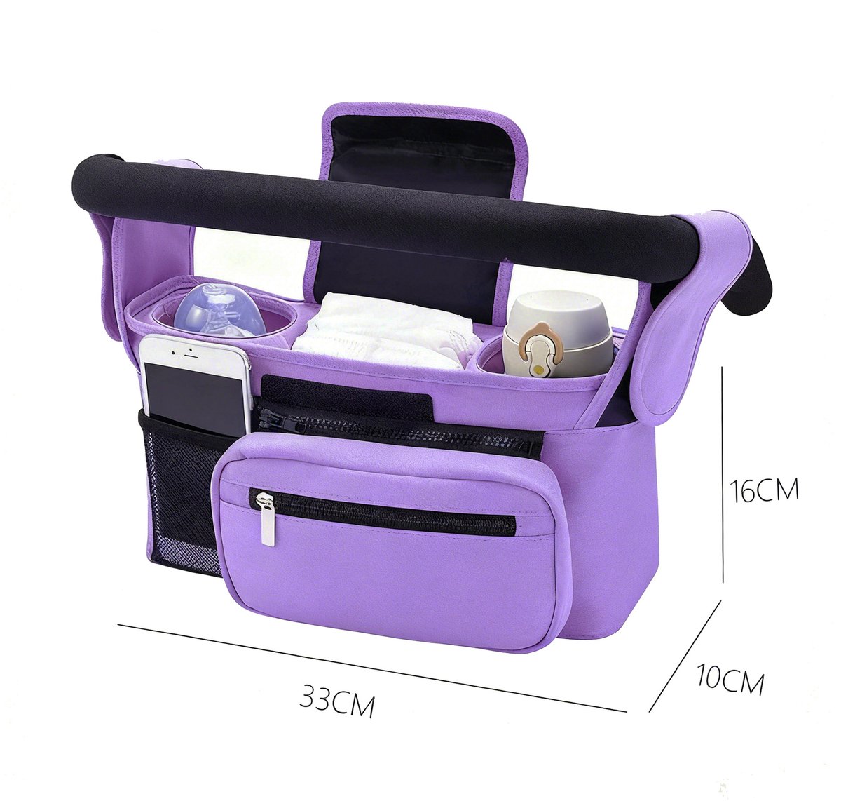 Universele opbergtas voor kinderwagens met 2 bekerhouders en een ge茂soleerde hoes voor een waterfles. Grote capaciteit, geschikt voor kinderwagens, mobiele telefoons, babyspullen, reisbenodigdheden en cadeaus,Paars