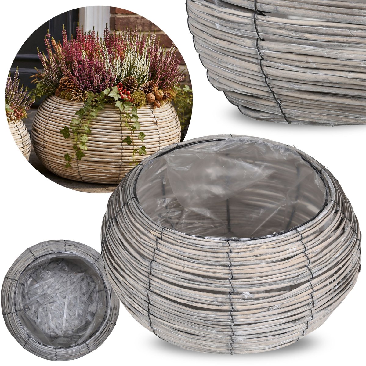 Grijze RIETEN plantenbak voor terras, ronde BLOEMPOT met FOLIE, GROOT 39×21 cm