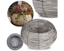 Grijze RIETEN plantenbak voor terras, ronde BLOEMPOT met FOLIE, GROOT 39×21 cm