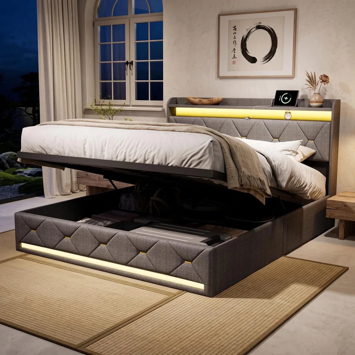 Gestoffeerd bed 160x200 cm met LED, USB,Type-C en Draadloos Opladen, Opbergbed Tweepersoonsbed met opbergruimte en lattenbodem, Linnen Grijs, Zonder Matras