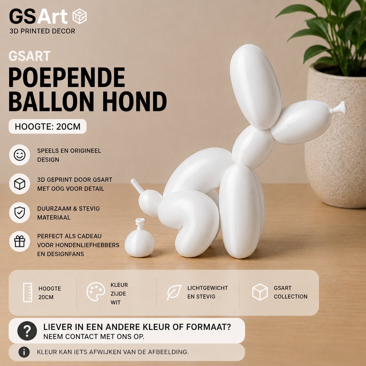 GSArt Decoratief Beeld Poepende Ballon Hond – Grappige Woondecoratie - 20cm Zijde Wit
