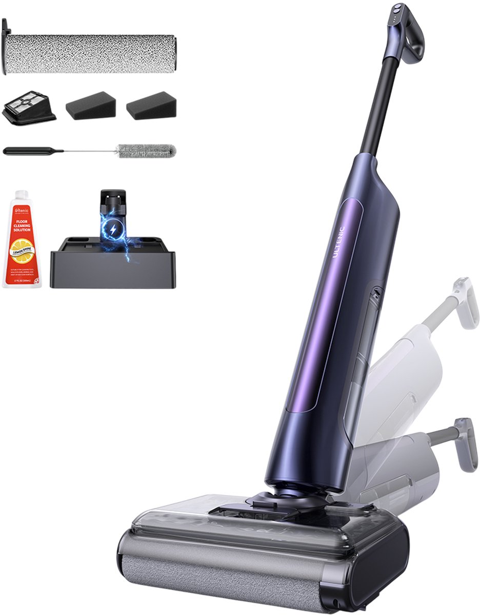 Ultenic AC1 TriFlex nat- en droogstofzuiger, 150W motor, 2600mAh accu, 60 minuten gebruiksduur, 800ml reservoir, 3 reinigingsstanden, zelfreinigend systeem, 180° vlak bereik, Zero-Edge Cleaning