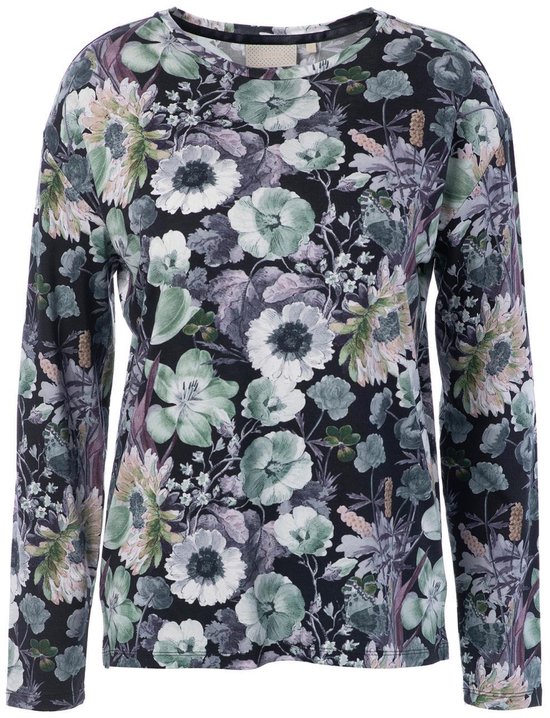 Pyjamashirt met lange mouwen in een donkere tint met een opvallende, kleurrijke bloemenprint.
