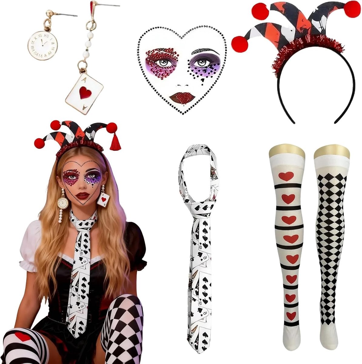 Carnaval Hart Koningin Kostuum Accessoires Set – Hoed, Sokken, Oorbellen, Tattoo en Meer – Ideaal voor Cosplay, Feestjes en Thema Evenementen – Uniek en Speels Ontwerp voor Vrouwen