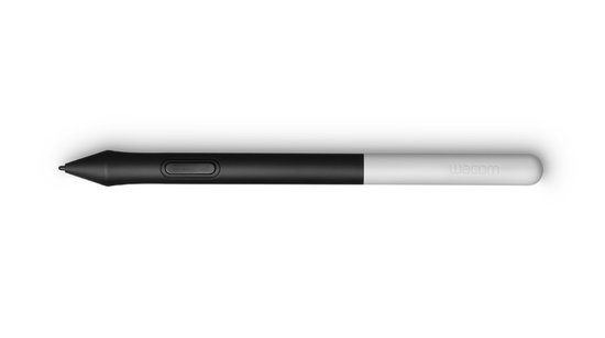 Zwarte en witte Wacom pen, met de tekst 'Wacom' erop.
