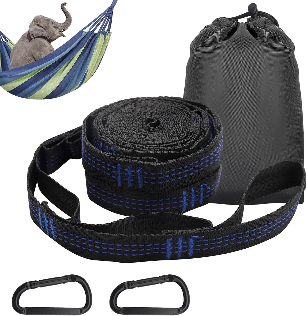 Hangmat met Bevestigingsmateriaal, 2 Carabiners + Lussen, 3 m x 2.5 cm, Max. 300 kg, Ideaal voor Kamperen en Buitenactiviteiten
