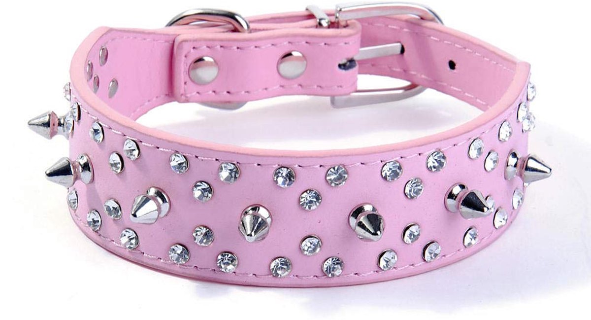 haoyueer Hondenhalsband met spikes, stijlvolle lederen halsband, met kogelklinknagels en strass-steentjes, zacht en - ShopVlot