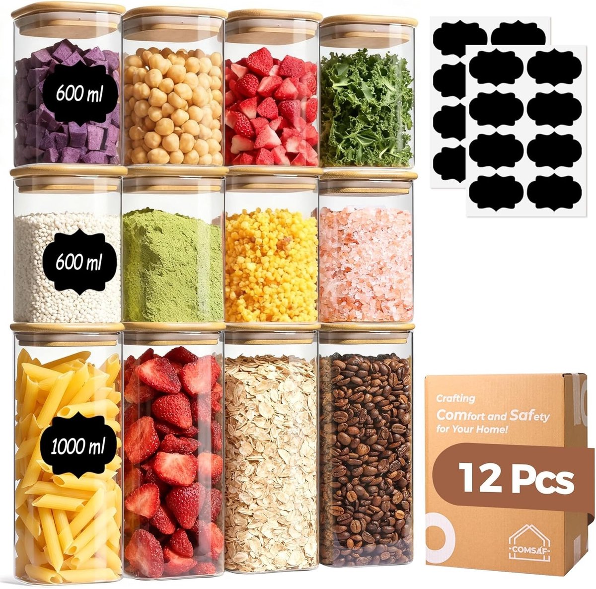 Glazen opbergpotten met bamboekap, 600-1000 ml, set van 12 voor keukenorganisatie en voedselbewaring