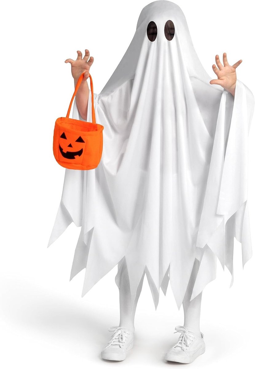 Stijlvol wit spookkostuum voor kinderen met pompoentas voor Halloween rolspel en feestplezier
