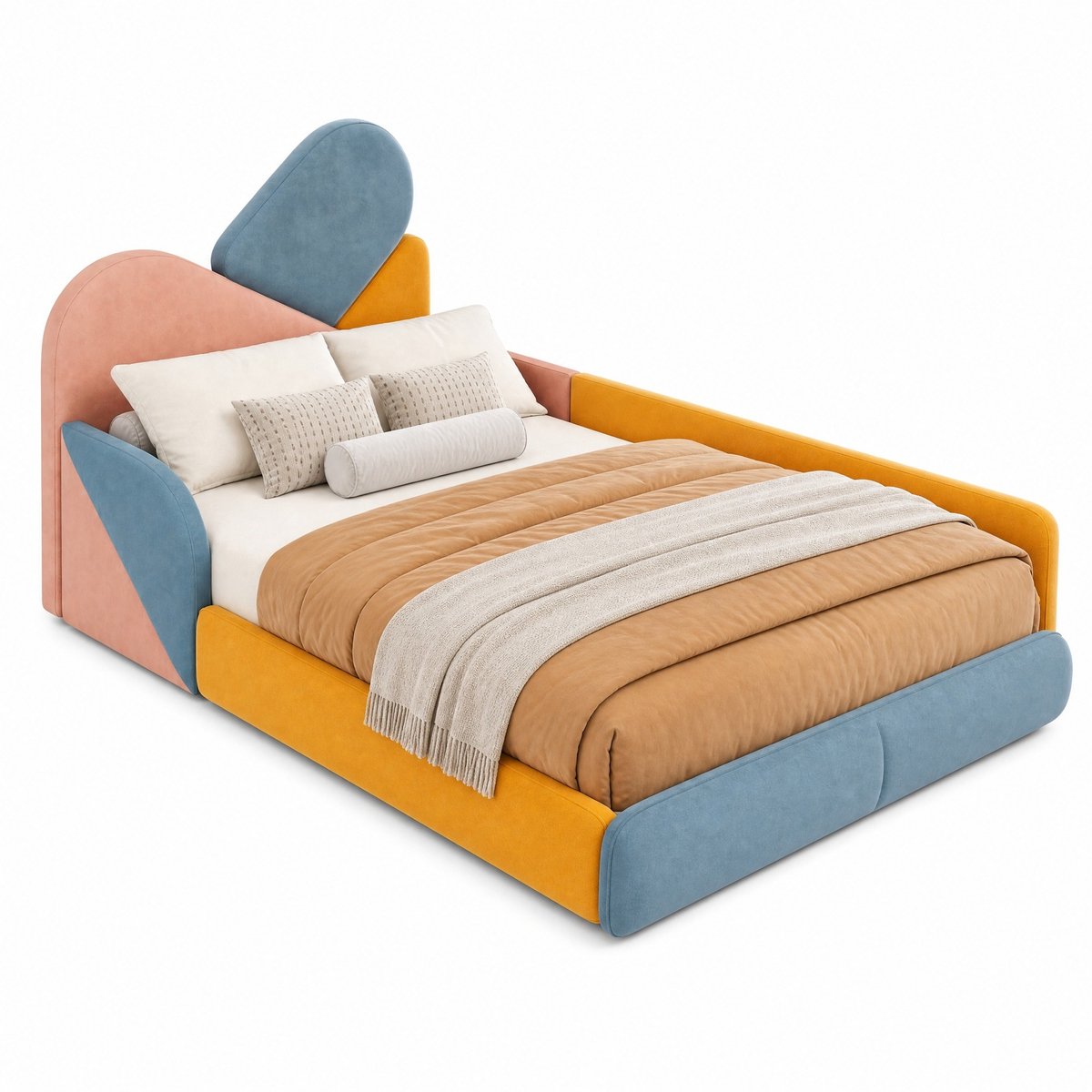 WUVRIE Kinderbed 90x200 cm met verhoogde zijpanelen en zachte bekleding, blauw/meerkleurig
