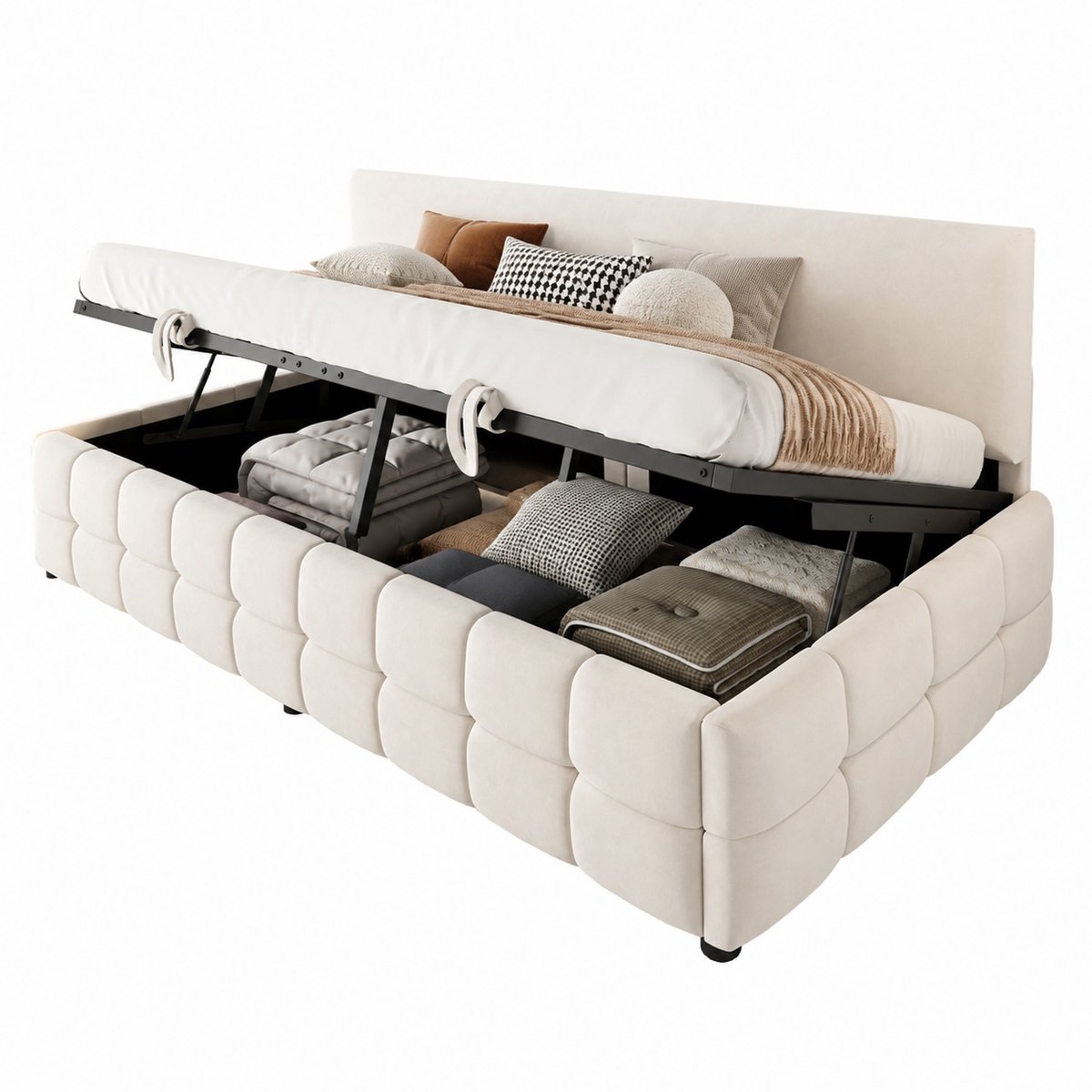 WUVRIE Bedbank 90x200 cm met hydraulische opbergruimte, rugleuning zonder armleuningen en lattenbodem, beige