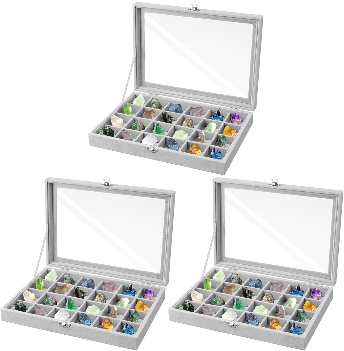 Grijze rotsdisplaydozen met doorzichtig glazen deksel, 24-slots bergkristal opbergkoffer voor sieraden, oorbellen en ringen, 28 x 20 x 4 cm