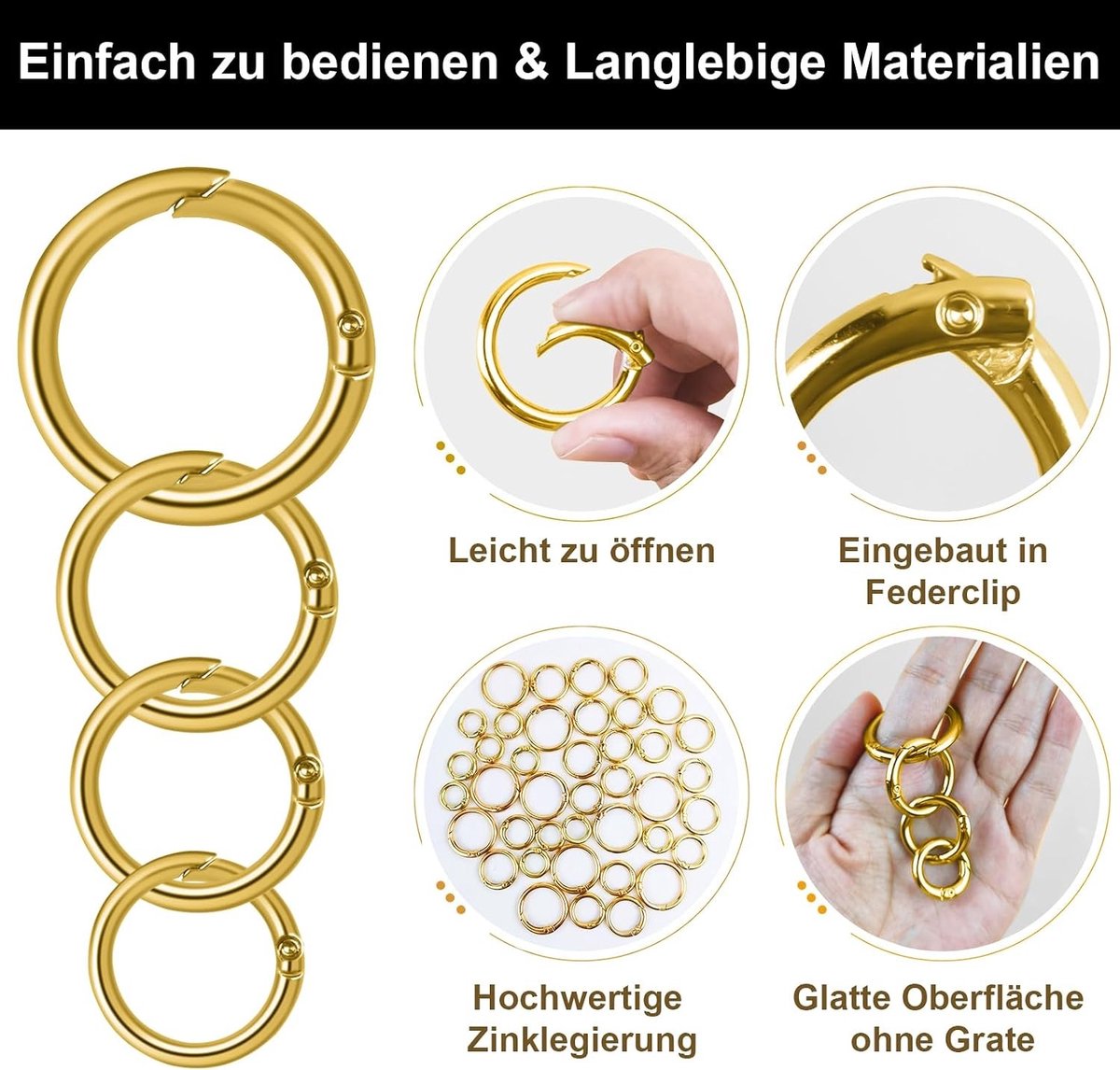 40-delige ronde karabiner set met O-ringen in 4 maten, metalen karabiners voor tassen, handtassen en doe-het-zelf projecten