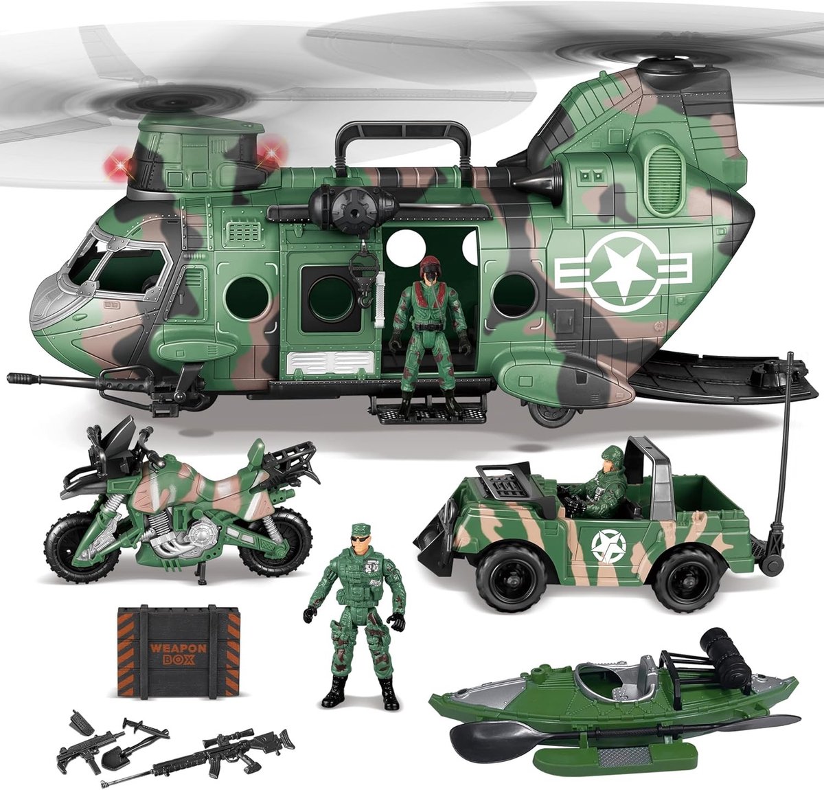 10-in-1 Jumbo Militair Transporthelikopter Set met Realistische Lichten en Geluiden, Inclusief Vrachtwagen, Kajak, Motorfiets en Actiefiguren