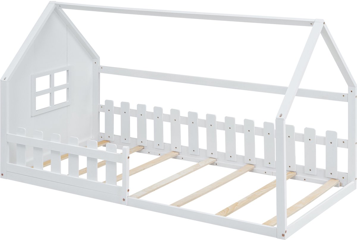 WUVRIE Kinderbed 90 x 200 cm in huisvorm met lattenbodem en 2 pakketten, wit
