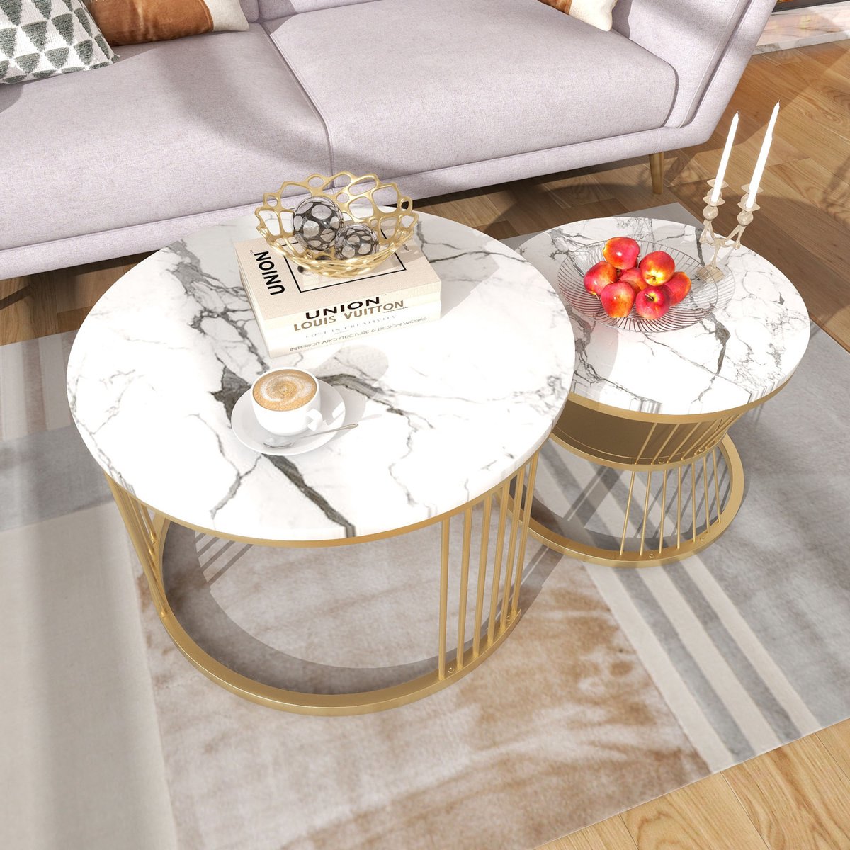 MEXUS Set van 2 ronde bijzettafels, 70/50 cm, ronde salontafels, modern design, marmeren salontafels met stalen poten (Wit+Goud)