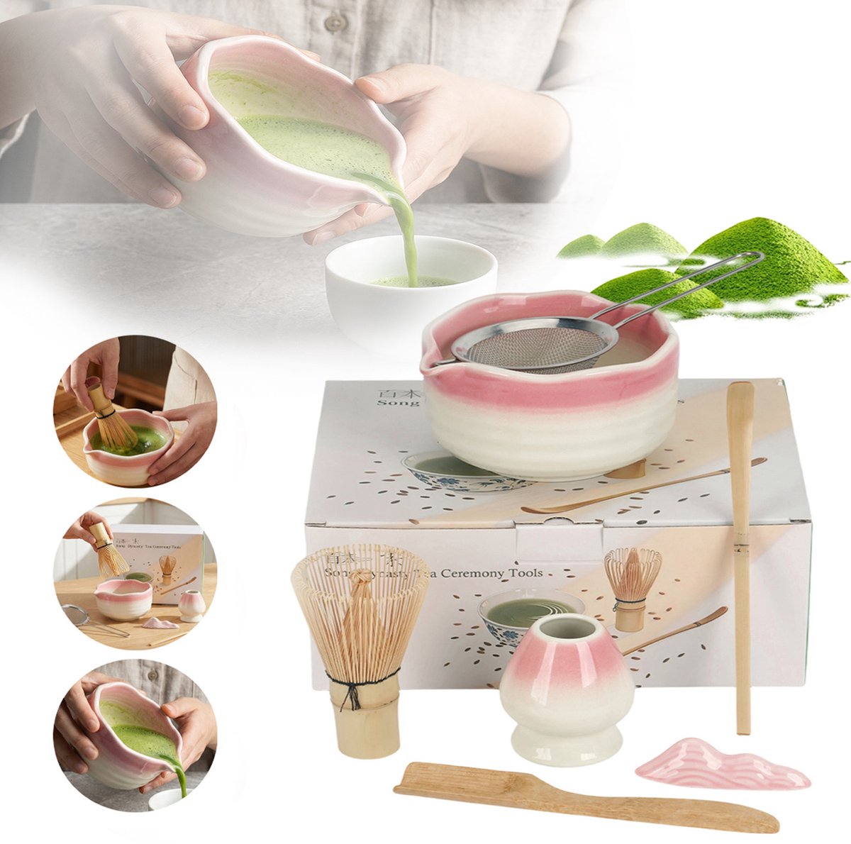 7-Delige Matcha Set, Premium Matcha Theeset, Inclusief Keramische Kommen, Een Zeef, Een Bamboe Lepel, Gardes en Een Bezemhouder, Ideale Matcha-Cadeauset.