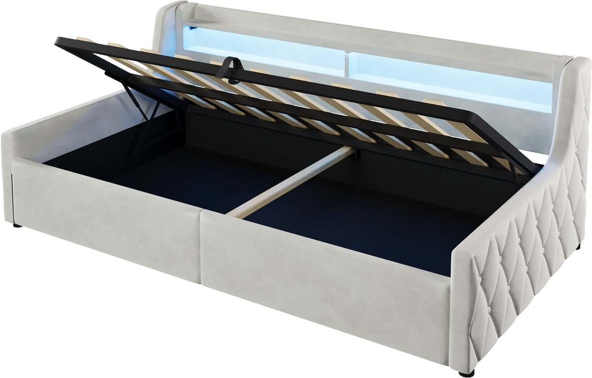 WUVRIE Normaal bed 90x200 cm met opbergruimte en LED-verlichting in Offwhite