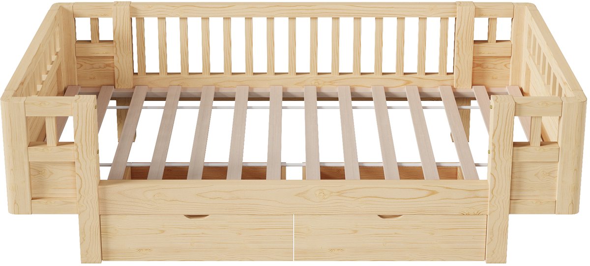 WUVRIE Kajuitbed 90x200 cm met hoge veiligheidsrand en 2 opberglades, naturel