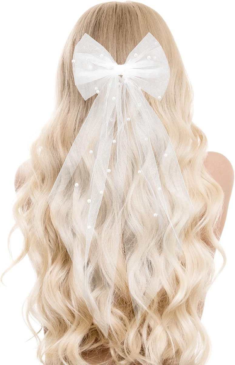 Elegante Bruidsluier met Parels en Strik - Perfect voor Bruiloften en Bruidsmeisjes - Wit met Vlinders voor Dames en Meisjes