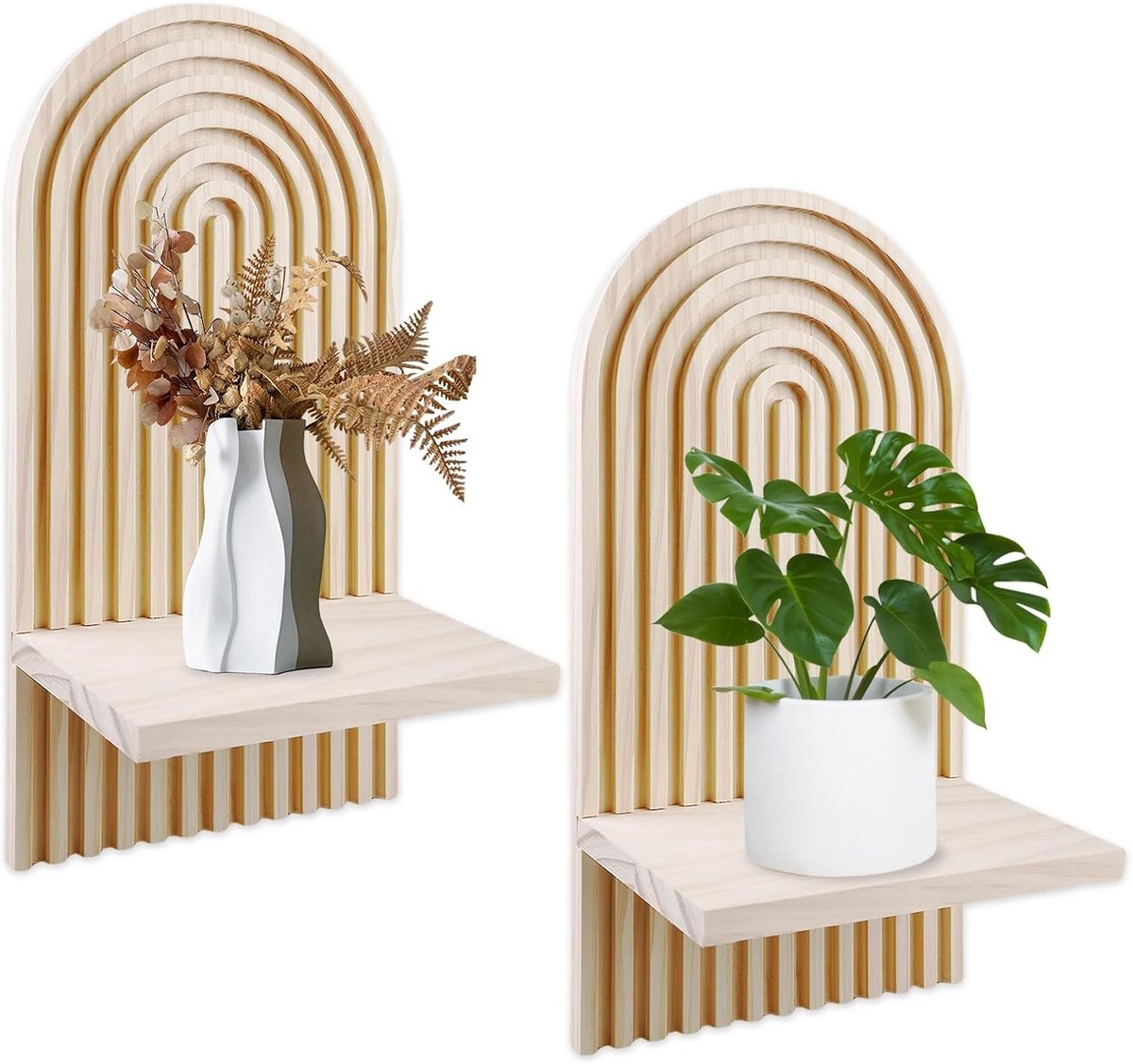 Set van 2 Houten Wandplanken in Boho Stijl, Regenboog Wanddecoratie, Drijvende Planken voor Slaapkamer en Woonkamer