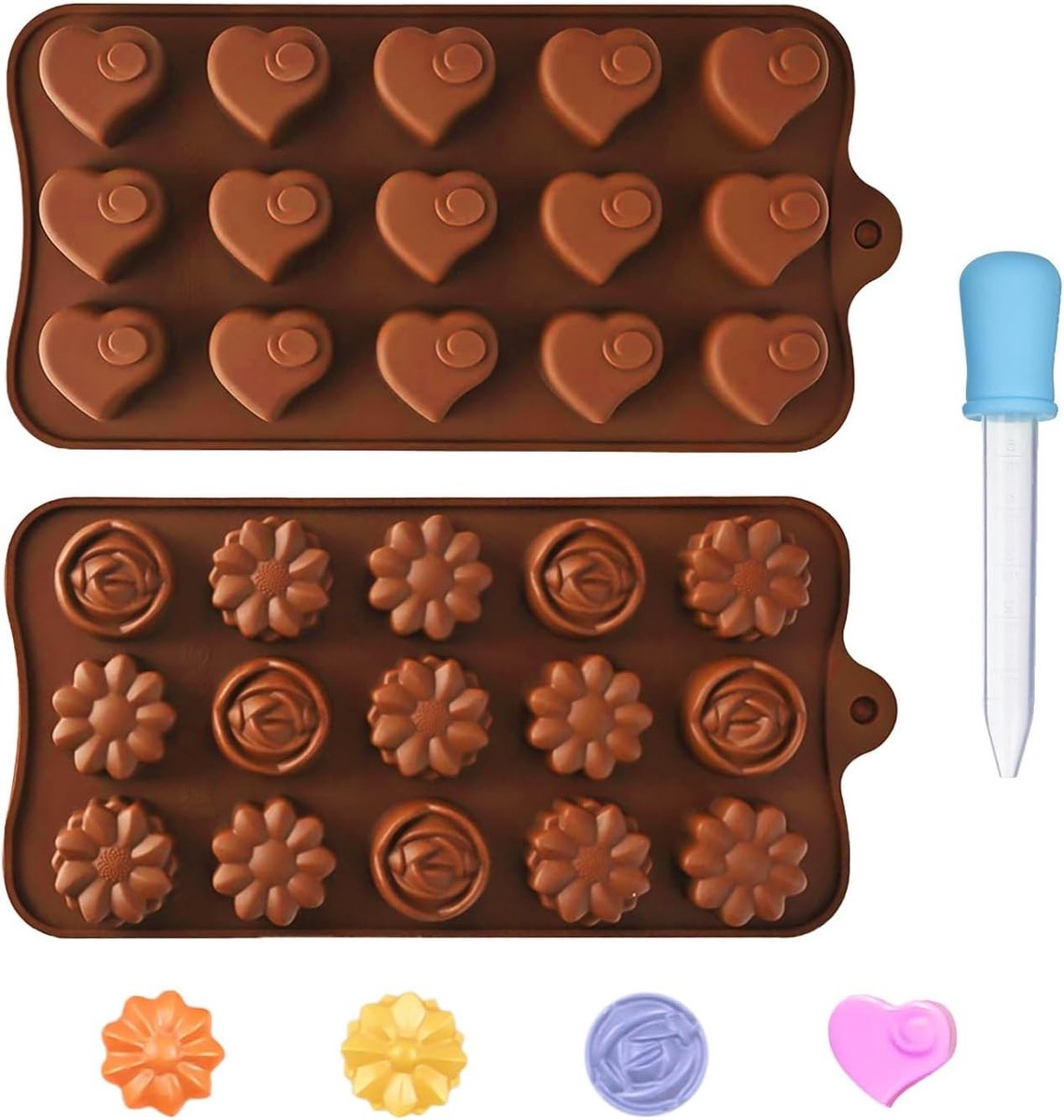 Set van 2 Silicone Mallen en 1 Silicone Dripper voor Chocolade en Desserts, Hartvormige en Bloem Motieven, Niet-Plakkerig Ontwerp