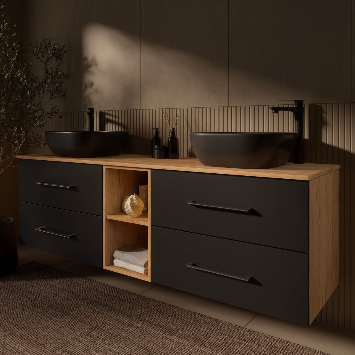 Planetmöbel LUX Dubbel Badmeubel 170 cm 2x Wastafel 42 cm Zwart