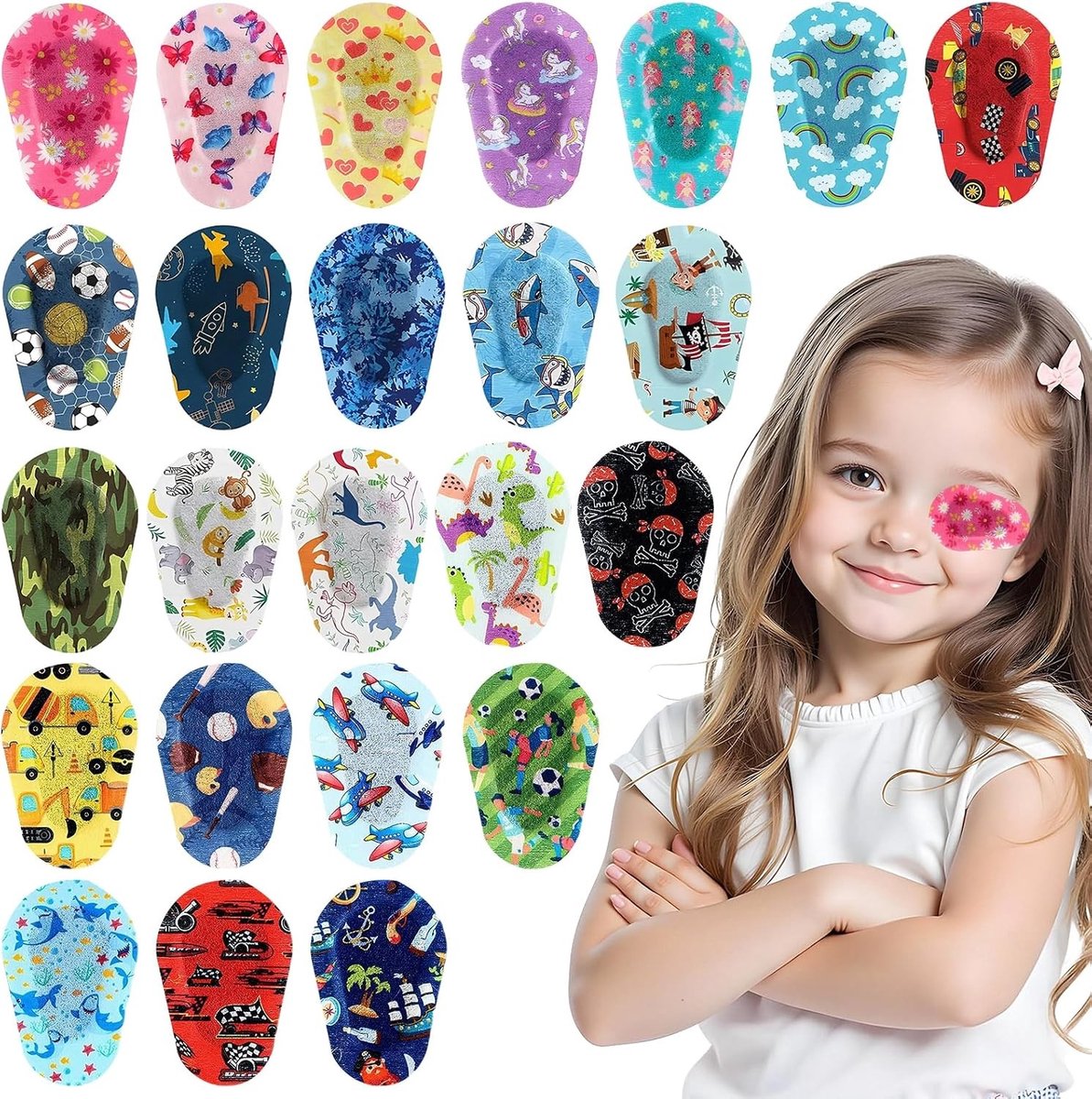 Set van 24 Zelfklevende Oogpleisters voor Kinderen, Cartoon Ontwerpen, Zomer Lichtblokkerende Katoen, Ideaal voor Oogzorg en Speelse Activiteiten