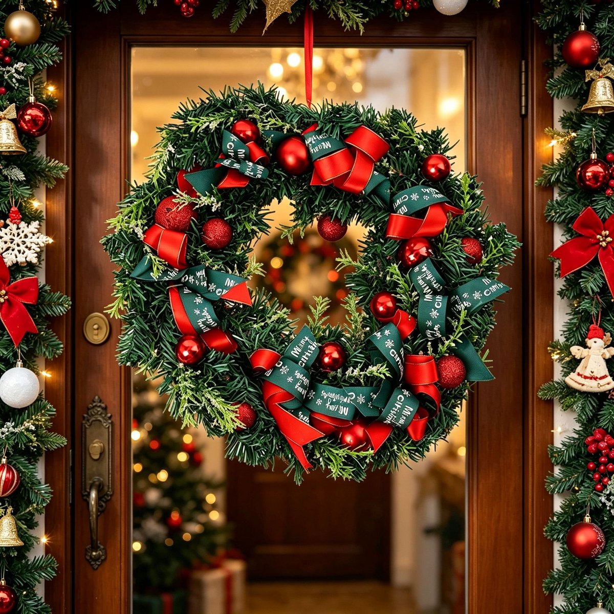 Handgemaakte kerstkrans versierd met linten, snuisterijen en groen – 36 cm – krans geschikt voor ramen, muren en etalages – feestelijke winkel- en huisdecoratie. – foto 2