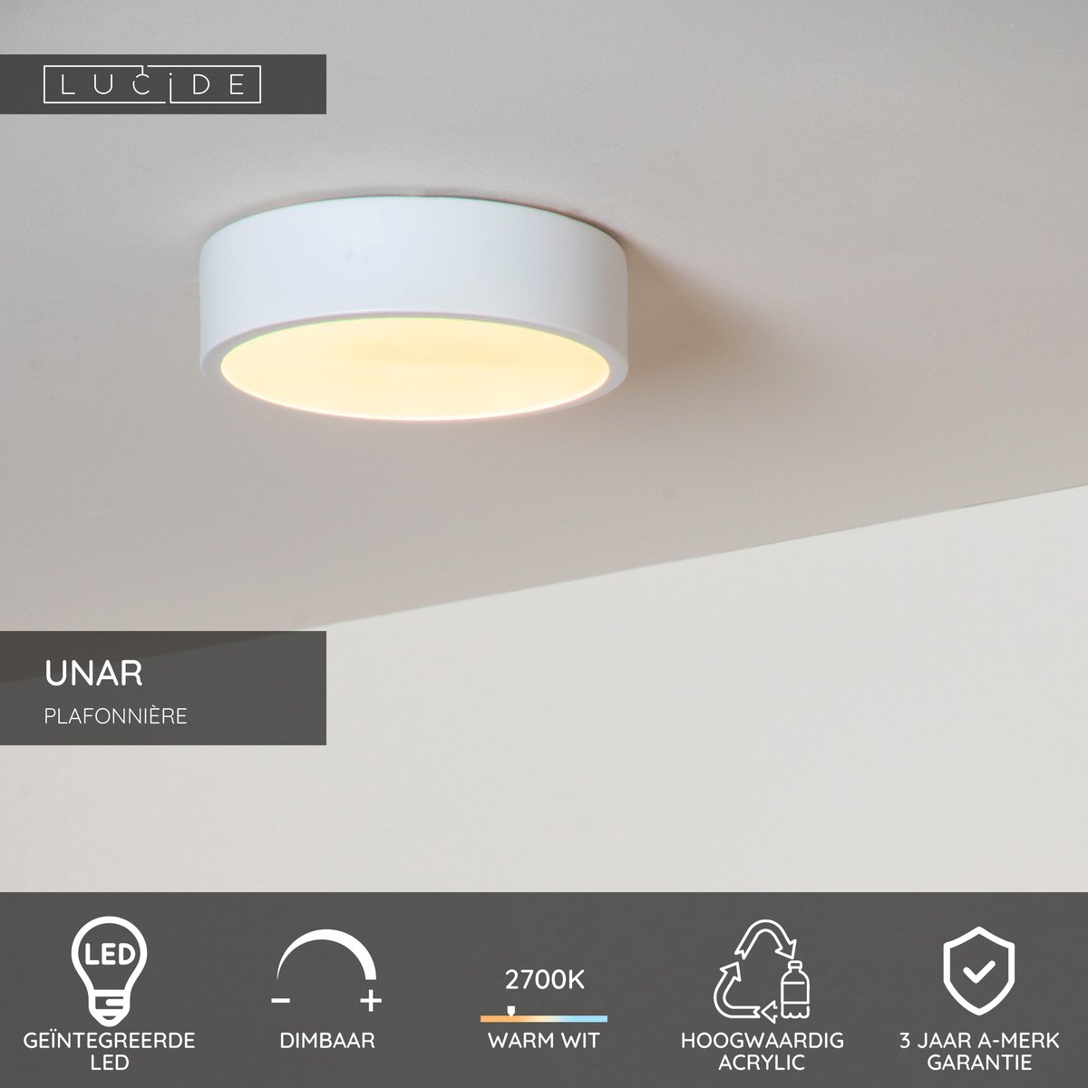 Lucide UNAR - Plafonnière (Plafondlamp) - Ø 20 cm - LED 3 StepDim - 1x12W 2700K - Wit