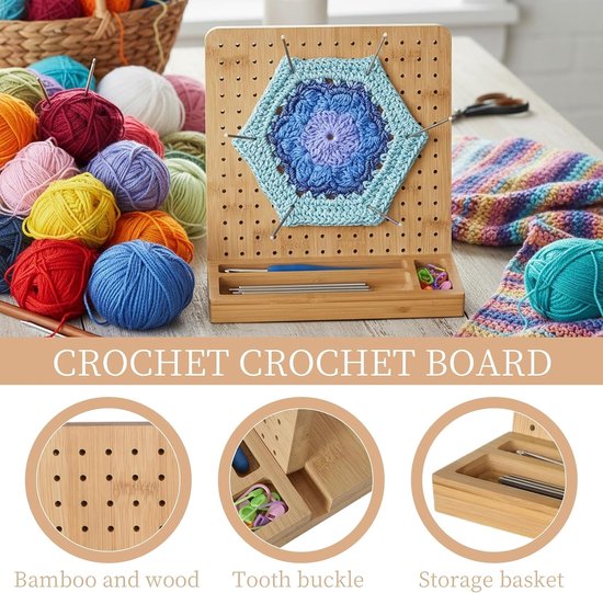 Haak- en breiprojectplank van bamboe, 19,8 cm groot haakblokbord voor Granny Square met 20 pennen en 1 haaknaald, ideaal voor creatief haken en breien — afbeelding 5