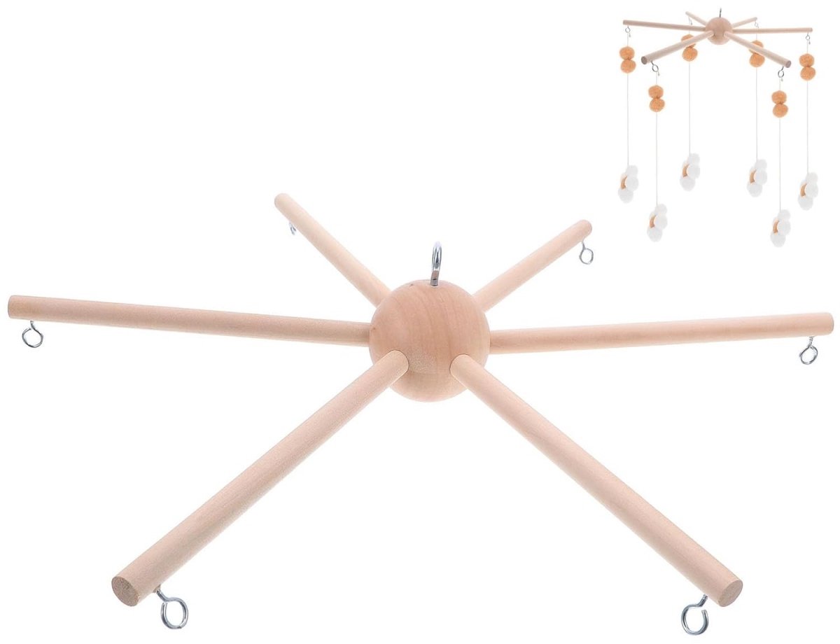 Houten Mobielhouder - Babymobiel Standaard - Ronde Houten Houder - Voor Babybed - 6 Poten - Ophangpunten Voor Mobiel En Windspel - Massief Onbehandeld Hout - 1 Set