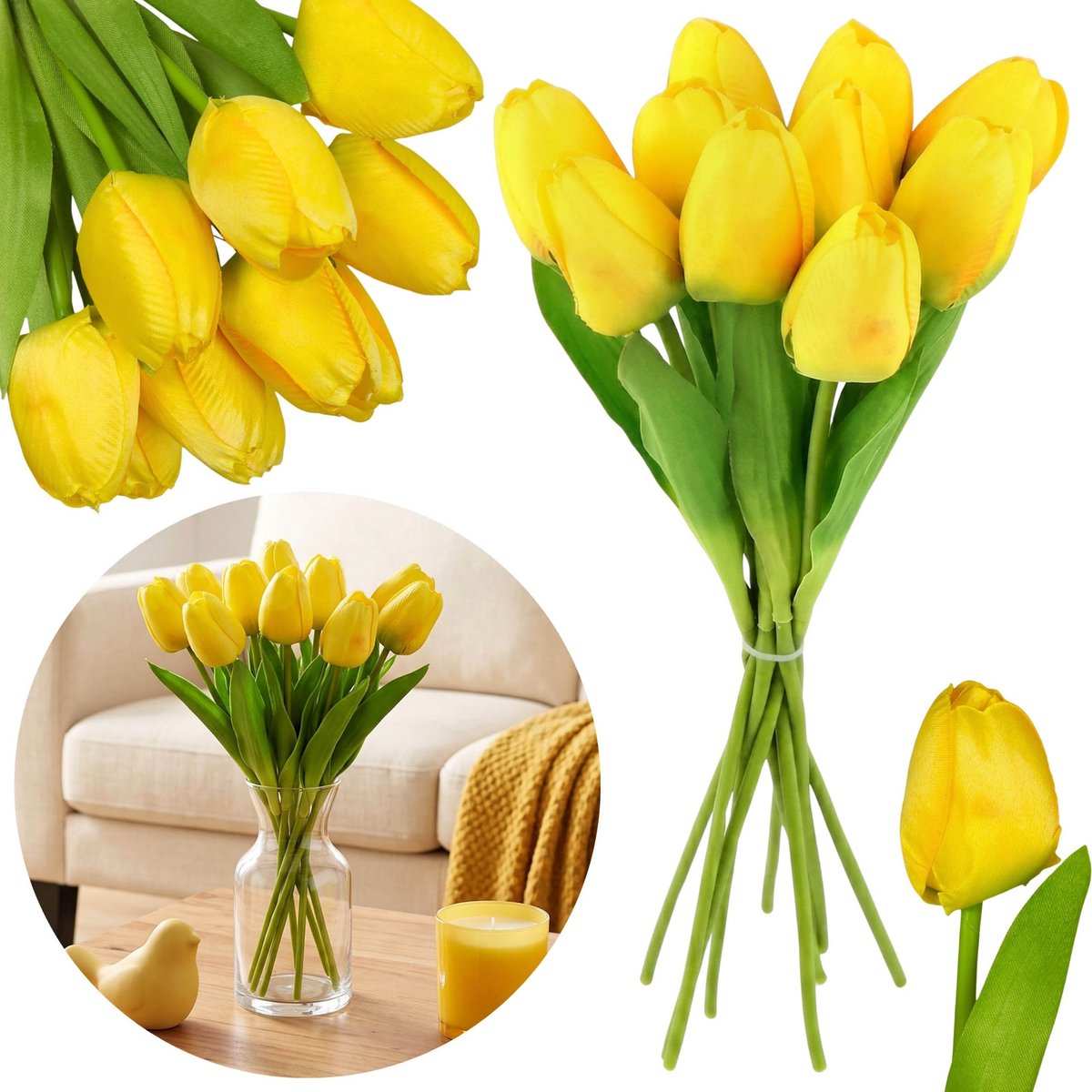 Kunst TULPEN, geel voor binnen/buiten, BOEKET 10 tulpen 30 cm