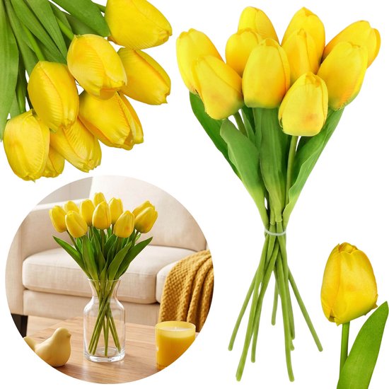 Kunst TULPEN, geel voor binnen/buiten, BOEKET 10 tulpen 30 cm