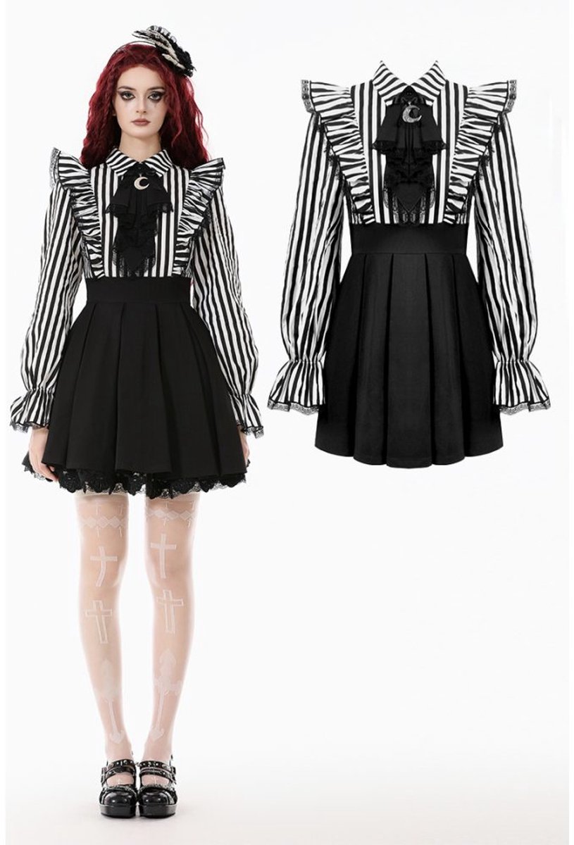 Dark in Love - Lolita Dark Striped Preppy Korte jurk - L - Zwart/Wit