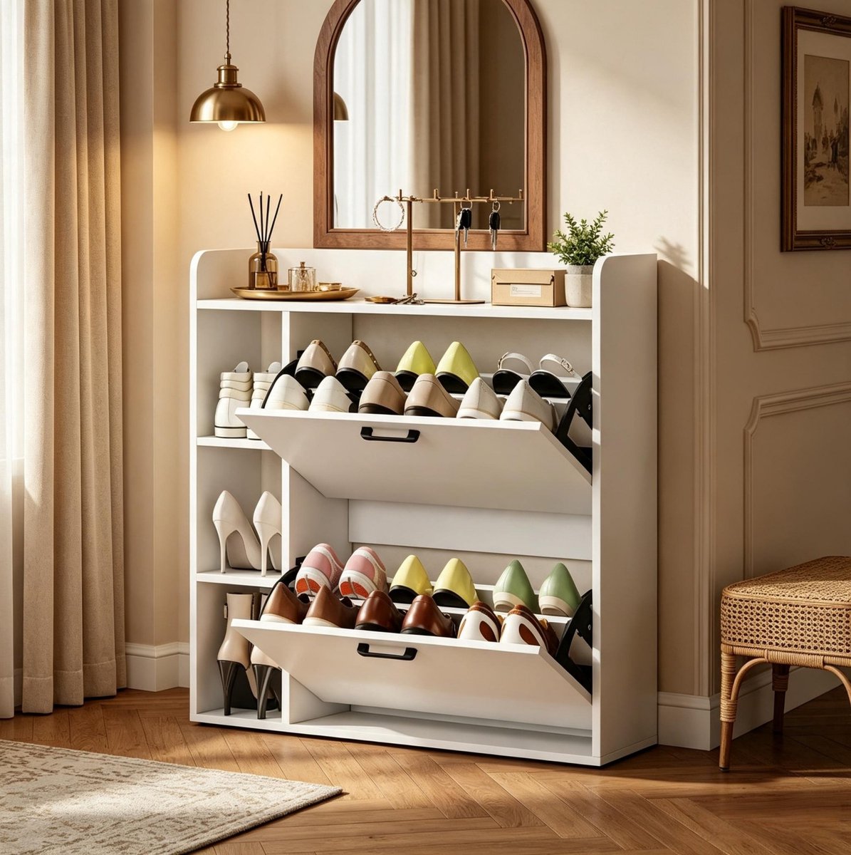REDOM - Schoenenkast - Voor 15 paar schoenen - 2 kleppen en open vakken - Opbergruimte bovenblad - Moderne stijl - Hal en smalle gang - Spaanplaat - Wit - 83 x 24 x 90,5 cm