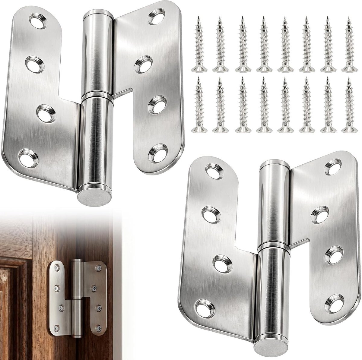 Set van 2 Vouwbare Scharnieren van 4 Inch, RVS Zware Deurscharnieren voor Houten Deuren en Kasten, Verwijderbare Schroefscharnieren met Ronde Hoeken