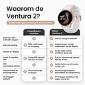 Gouden smartwatch met wit bandje, vergeleken met concurrerende modellen. Benadrukt de 60Hz, Always on display en 5-satelliet GPS.