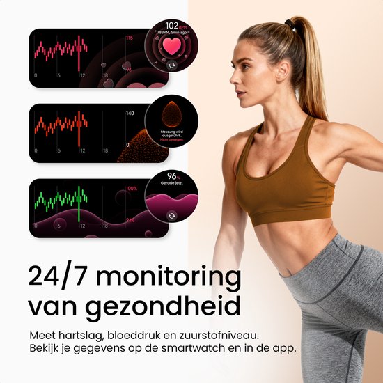 Gouden smartwatch met wit bandje, naast een sportieve vrouw. Toont grafieken voor hartslag, bloeddruk en zuurstofniveau.