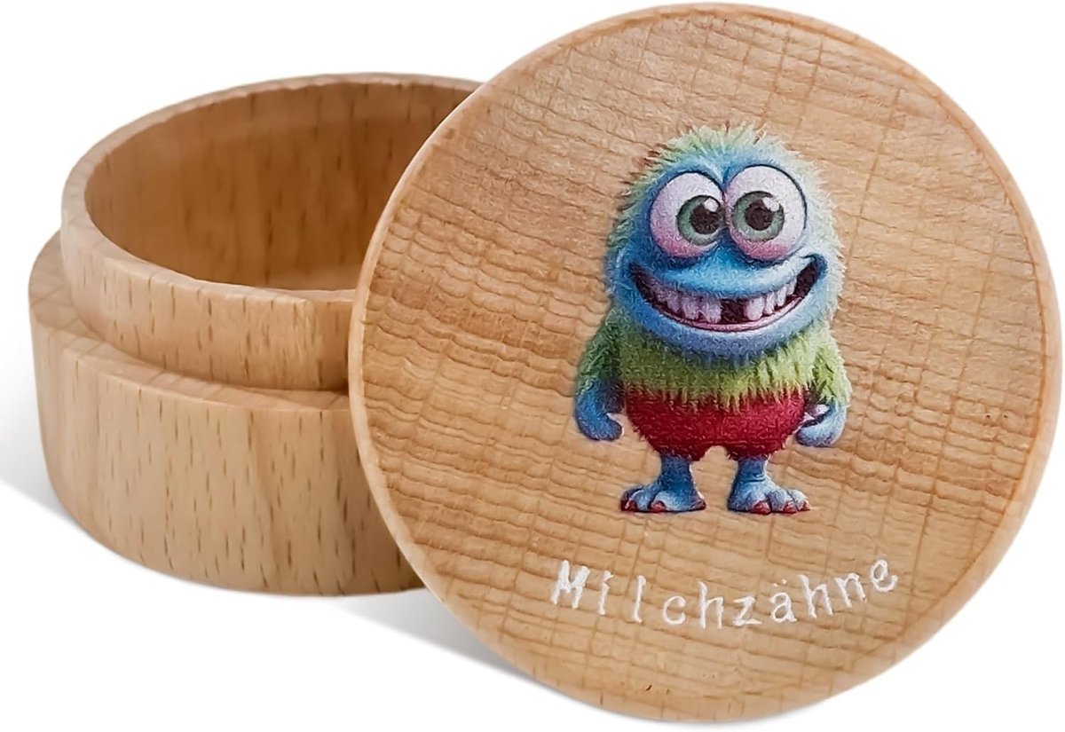 Houten Tandendoosje voor Melktanden met Monsterpatroon, 5 x 3.5 cm, Perfect Cadeau voor de Tandfee, Voor Jongens en Meisjes