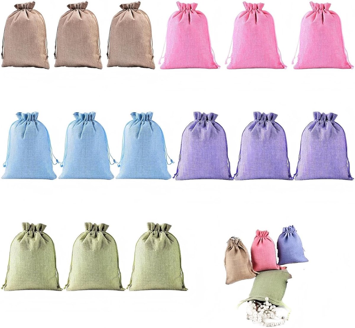 Kleurige Jute Tassen met Trekkoord, Set van 15, 10 x 14 cm, Herbruikbare Opbergtassen voor Cadeaus, Bruiloft en Feestdecoratie