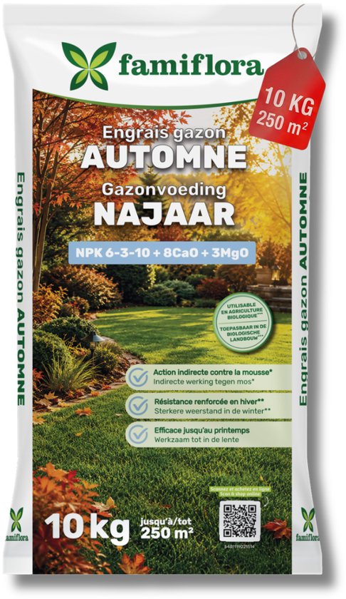 Sac de 10 kg d'engrais gazon automne Famiflora, pour 250 m², avec une image de jardin d'automne.