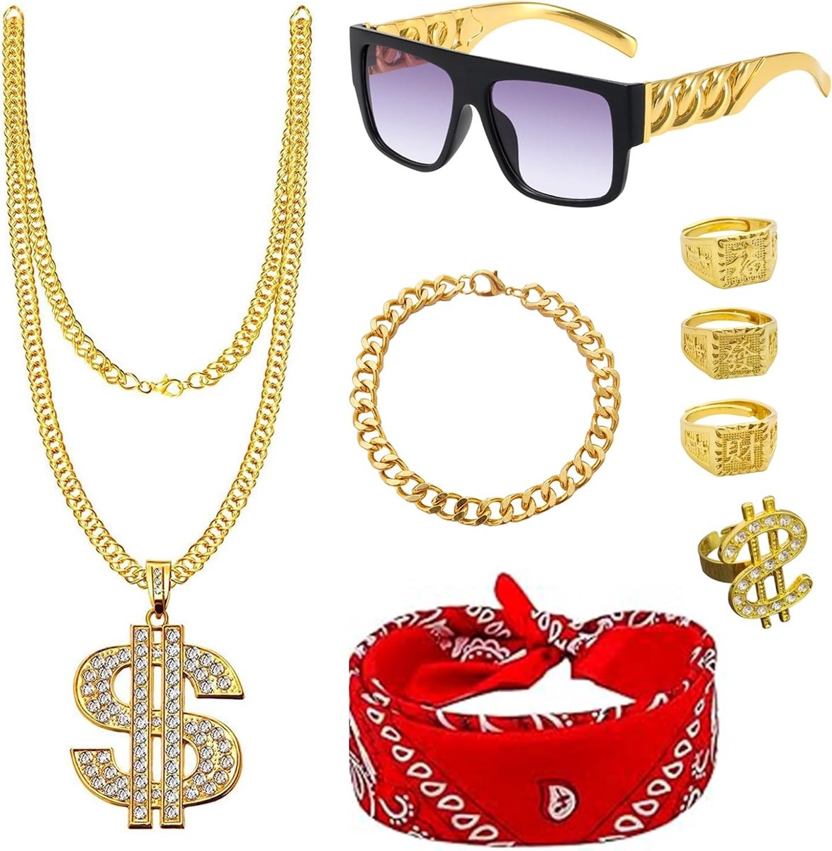 Hip Hop Kostuumaccessoires Set van 8, Retro 80s 90s Rapper Outfit met Dollar Bril, Perfect voor Cosplay, Carnaval en Themafeesten voor Mannen en Vrouwen