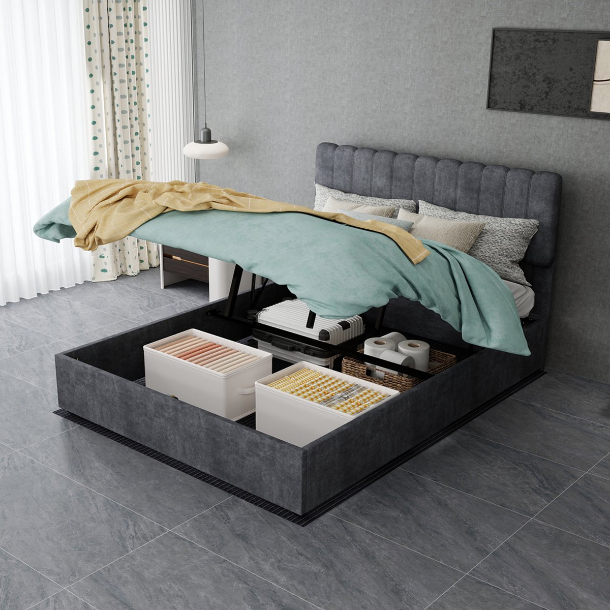 Clruro Opbergbed - 140x200 cm - Gasveer zonder Matras - Hoog Bedframe - Fluweel - Grijs