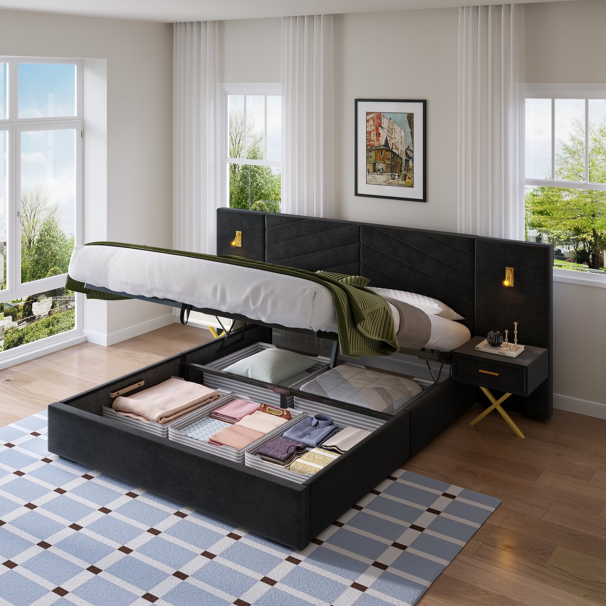 Clruro Opbergbed - 266x205x117 cm - Verstelbaar - 2 Bedbanken en LED - Fluweel/Metaal