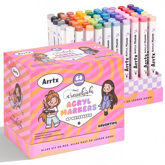 Roze doos met 60 Arrtx acrylmarkers en illustraties van Creachick.