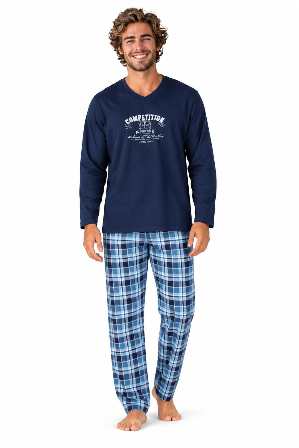 Comte Heren Pyjama – 100% Katoen – Donkerblauw met geruite broek - Maat XL