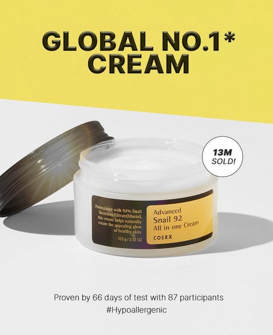 Cosrx Snail 92 All in one Cream in een glazen pot met bruine dop. 13M verkocht!