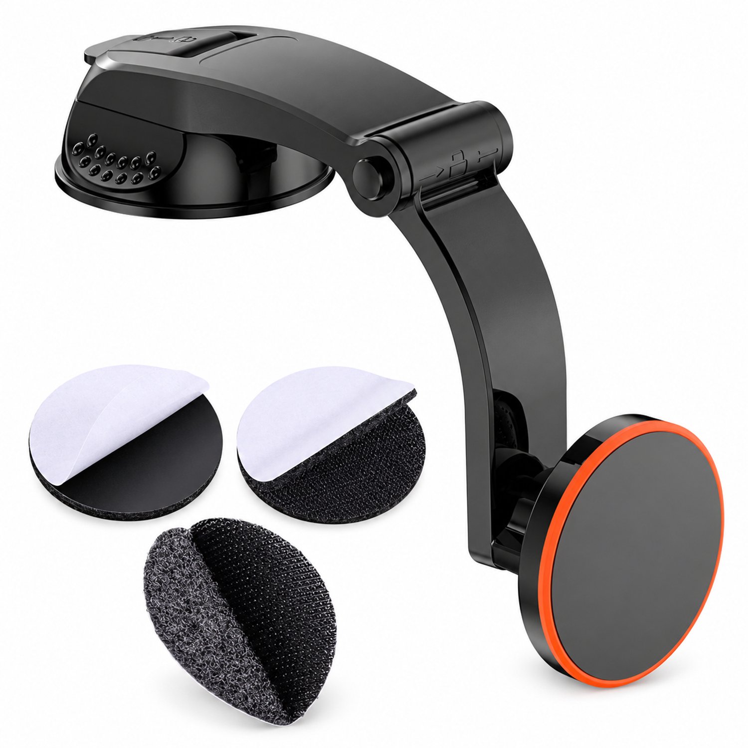 Magnetische telefoonhouder voor in de auto met zuignap, gebogen arm en losse magnetische kop